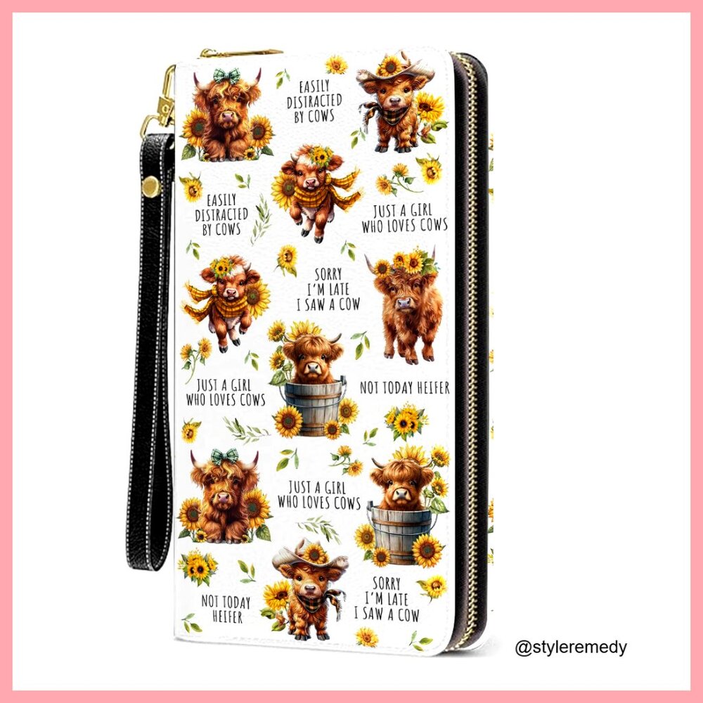 Highland Cow Wristlet Wallet with Zipper, PVC Exterior, Polyester Lining